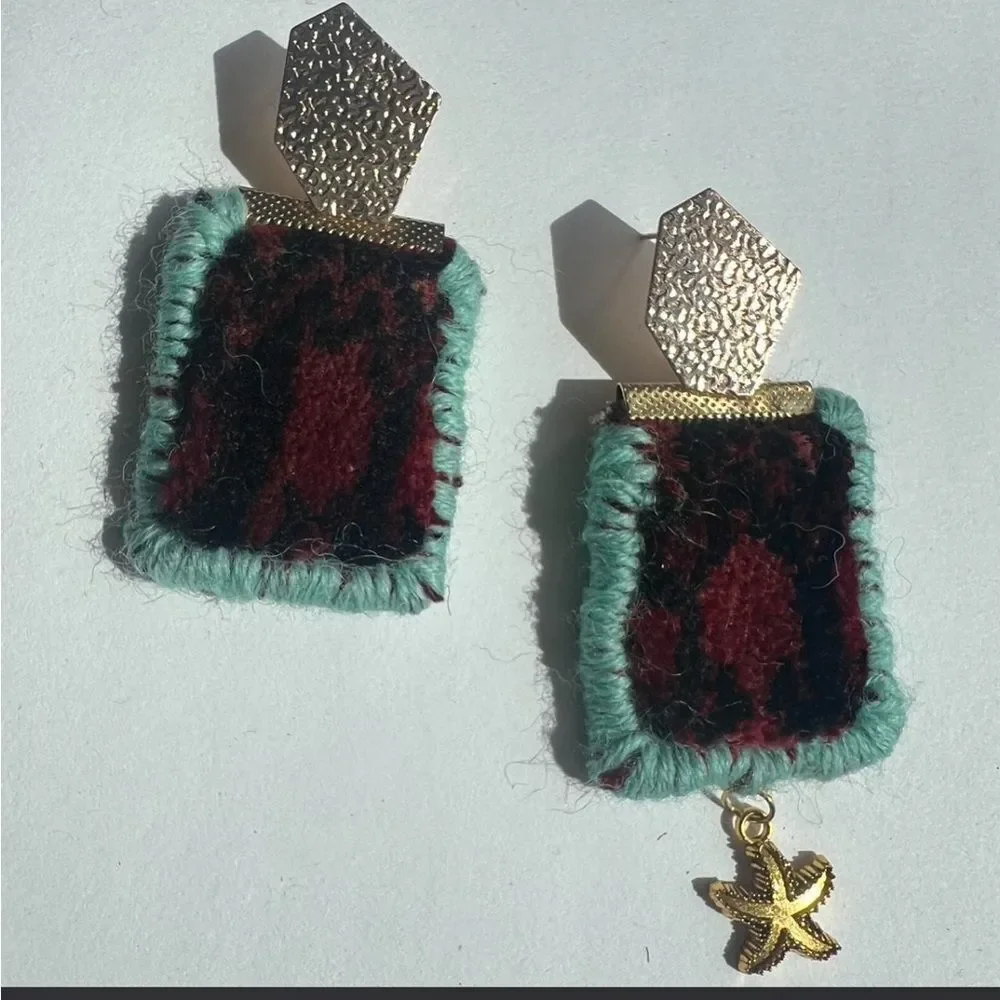 Gold and Green Statement handmade rug Earrings R8